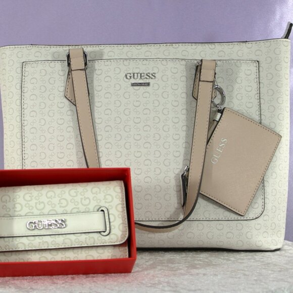 Guess Handbags - GUESS Logo Tote Bag 3-Piece Set Beige NWOT Tote Wallet Pouch